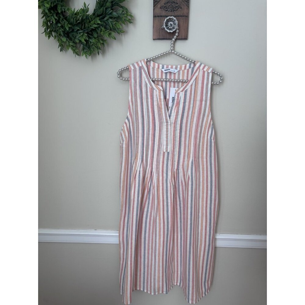 NWT Sonoma Womens Size L Striped Linen Blend Shift Dress Pockets Pintucks